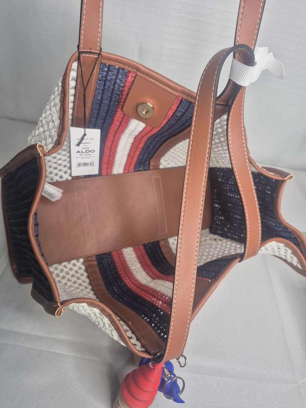 Aldo Woven Straw Tote with Red-White-Blue Stripes and Brown Trim NWT - Picture 10 of 11